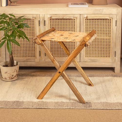 Creative Co-op Moderner Klapphocker aus Holz und Jute, Natur und Braun